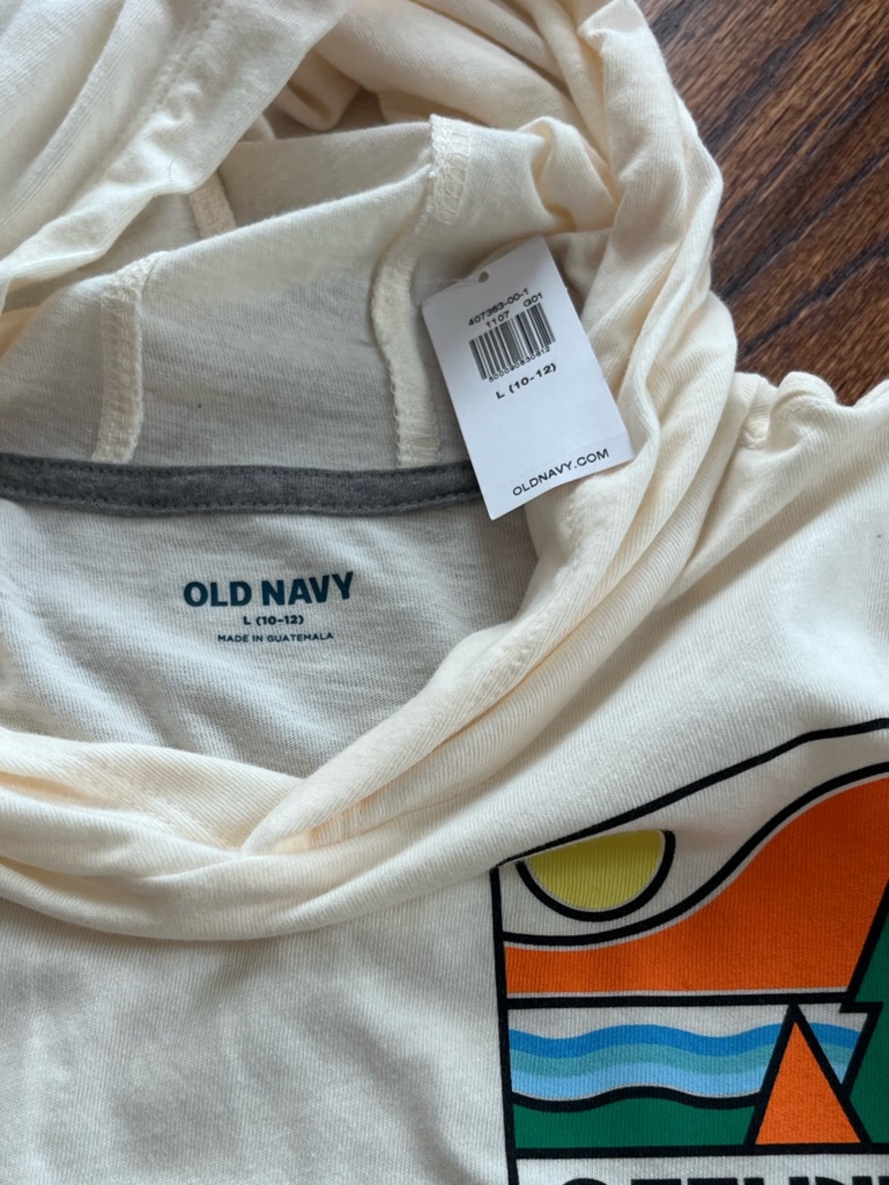 Old Navy Cream Hooded Graphic Long Sleeve Tee Size L 10/12 - Picture 4 of 6